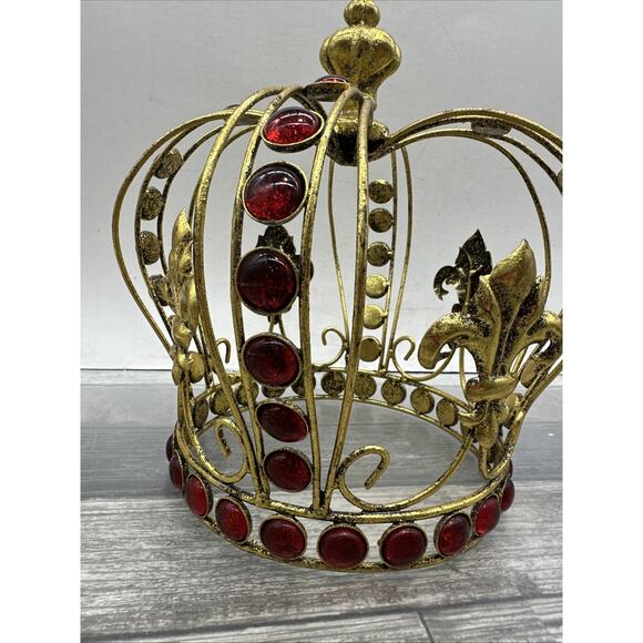 Gold Metal and Faux Ruby Crown - Fleur-de-Lis - Decor or Costume - 11" tall {XX} - Picture 2 of 10